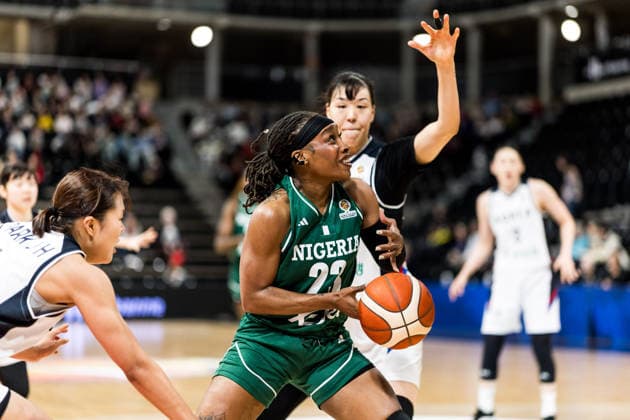 LYON-VILLEURBANNE, FRANCE - MARCH 12: Ezinne Kalu (Nigeria, 23) controls the ball during the FIBA Women™s World Cup Qualifying Tournament match between Republic of Korea (KOR) vs. Nigeria (NGR) at Astroballe on matchday 2 of the FIBA Women™s World Cup Qualifying Tournament on March 12, 2026 in Lyon-Villeurbanne, France. France Copyright: xSteffiexWunderlx