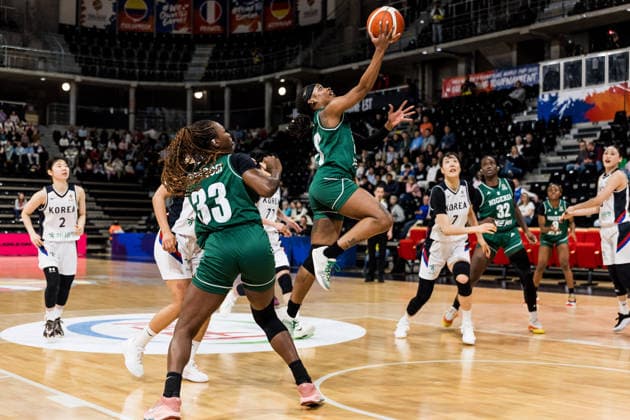 LYON-VILLEURBANNE, FRANCE - MARCH 12: Ezinne Kalu (Nigeria, 23) shoots the ball during the FIBA Women™s World Cup Qualifying Tournament match between Republic of Korea (KOR) vs. Nigeria (NGR) at Astroballe on matchday 2 of the FIBA Women™s World Cup Qualifying Tournament on March 12, 2026 in Lyon-Villeurbanne, France. France Copyright: xSteffiexWunderlx
