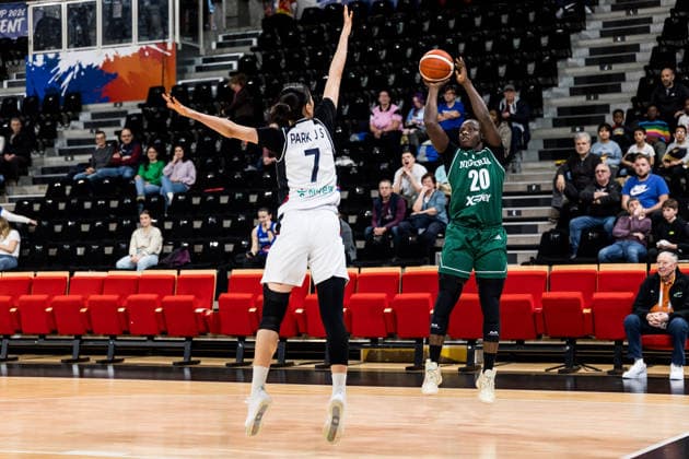 LYON-VILLEURBANNE, FRANCE - MARCH 12: Murjanatu Musa (Nigeria, 20) shoots the ball over Jisu Park (Republic of Korea, 7) during the FIBA Women™s World Cup Qualifying Tournament match between Republic of Korea (KOR) vs. Nigeria (NGR) at Astroballe on matchday 2 of the FIBA Women™s World Cup Qualifying Tournament on March 12, 2026 in Lyon-Villeurbanne, France. France Copyright: xSteffiexWunderlx