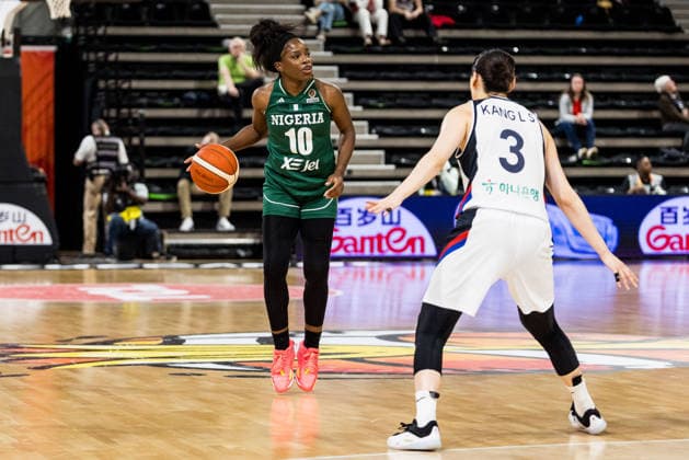 LYON-VILLEURBANNE, FRANCE - MARCH 12: Promise Amukamara (Nigeria, 10) controls the ball against Leeseul Kang (Republic of Korea, 3) during the FIBA Women™s World Cup Qualifying Tournament match between Republic of Korea (KOR) vs. Nigeria (NGR) at Astroballe on matchday 2 of the FIBA Women™s World Cup Qualifying Tournament on March 12, 2026 in Lyon-Villeurbanne, France. France Copyright: xSteffiexWunderlx