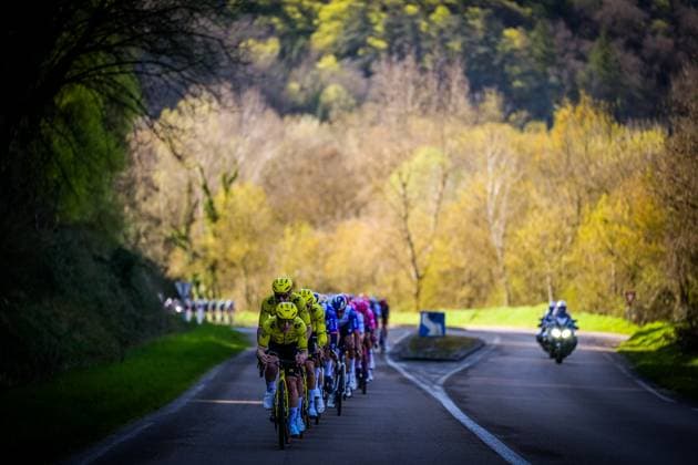 The pack of riders pictured in action during the fifth stage of 84th edition of the Paris-Nice cycling race, a race from Cormoranche-sur-Saone to Colombier-le-Vieux (205,4km), on Thursday 12 March 2026. DAVIDxPINTENS  x167264486x