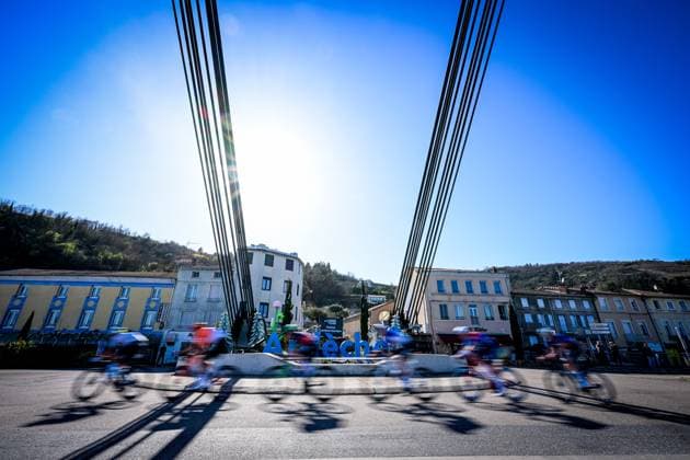The pack of riders pictured in action during the fifth stage of 84th edition of the Paris-Nice cycling race, a race from Cormoranche-sur-Saone to Colombier-le-Vieux (205,4km), on Thursday 12 March 2026. DAVIDxPINTENS  x167264509x