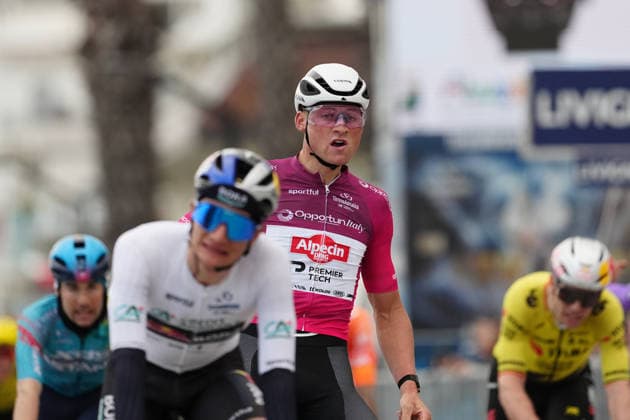 Van Der Poel Mathieu Of Alpecin-Premier Tech winner on the finish line during the 213-kilometer Stage 4 of the Tirreno-Adriatico cycling race from Tagliacozzo to Martinsicuro - Italy,- Thursday, March 12, 2026. - cycling .  Copyright: xMassimoxPaolone LaPressex