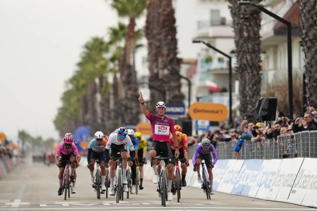 Van Der Poel Mathieu Of Alpecin-Premier Tech winner on the finish line during the 213-kilometer Stage 4 of the Tirreno-Adriatico cycling race from Tagliacozzo to Martinsicuro - Italy,- Thursday, March 12, 2026. - cycling .  Copyright: xMassimoxPaolone LaPressex