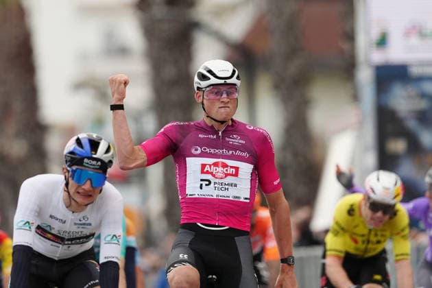 Van Der Poel Mathieu Of Alpecin-Premier Tech winner on the finish line during the 213-kilometer Stage 4 of the Tirreno-Adriatico cycling race from Tagliacozzo to Martinsicuro - Italy,- Thursday, March 12, 2026. - cycling .  Copyright: xMassimoxPaolone LaPressex