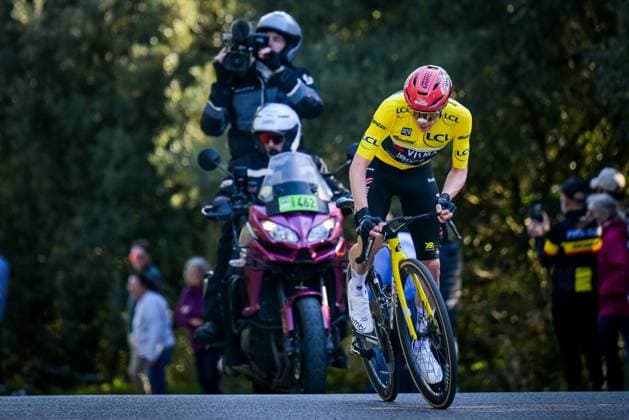 Danish Jonas Vingegaard of Team Visma-Lease a Bike pictured in action during the fifth stage of 84th edition of the Paris-Nice cycling race, a race from Cormoranche-sur-Saone to Colombier-le-Vieux (205,4km), on Thursday 12 March 2026. DAVIDxPINTENS  x167273392x