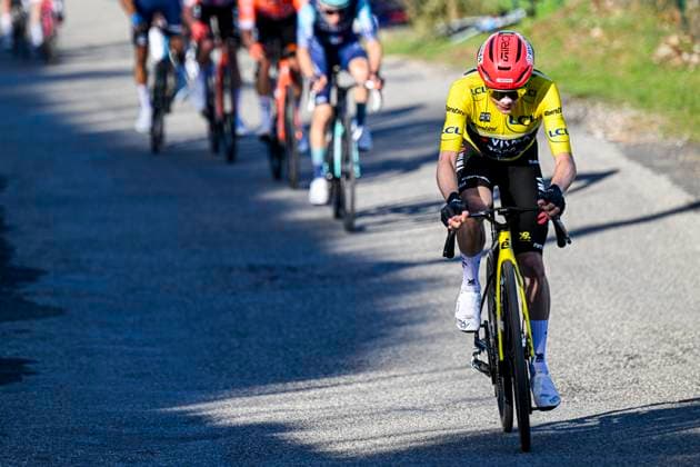 Paris Nice 2026 Stage 5 COLOMBIER-LE-VIEUX, FRANCE - MARCH 12 : Vingegaard Jonas (DEN) of Team Visma Lease a Bike attacking during stage 5 of the 84th edition of Paris - Nice an UCI World Tour 2.UWT cycling road race stage for Men Elite of 205.4 km with start in Cormoranche-sur-Saone and finish in Colombier-le-Vieux on March 12, 2026 in Colombier-le-Vieux, France, 12 03 2026 ( Motordriver Guy De Vuyst - Colombier-le-Vieux France  Copyright: xNicoxVereeckenx
