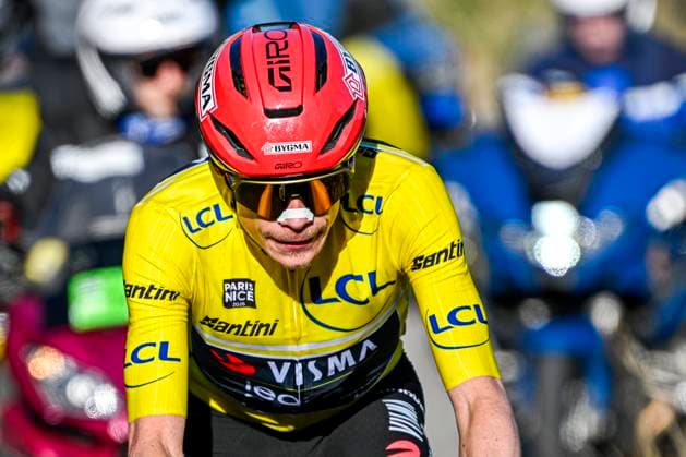 Paris Nice 2026 Stage 5 COLOMBIER-LE-VIEUX, FRANCE - MARCH 12 : Vingegaard Jonas (DEN) of Team Visma Lease a Bike attacking during stage 5 of the 84th edition of Paris - Nice an UCI World Tour 2.UWT cycling road race stage for Men Elite of 205.4 km with start in Cormoranche-sur-Saone and finish in Colombier-le-Vieux on March 12, 2026 in Colombier-le-Vieux, France, 12 03 2026 ( Motordriver Guy De Vuyst - Colombier-le-Vieux France  Copyright: xNicoxVereeckenx