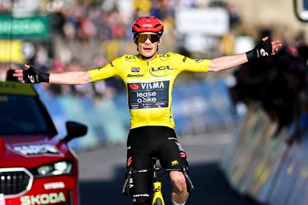 Paris Nice 2026 Stage 5 COLOMBIER-LE-VIEUX, FRANCE - MARCH 12 : Vingegaard Jonas (DEN) of Team Visma Lease a Bike celebrating his victory during stage 5 of the 84th edition of Paris - Nice an UCI World Tour 2.UWT cycling road race stage for Men Elite of 205.4 km with start in Cormoranche-sur-Saone and finish in Colombier-le-Vieux on March 12, 2026 in Colombier-le-Vieux, France, 12 03 2026 ( Motordriver Guy De Vuyst - Colombier-le-Vieux France  Copyright: xNicoxVereeckenx
