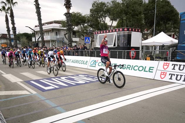 Van Der Poel Mathieu Of Alpecin-Premier Tech winner on the finish line during the 213-kilometer Stage 4 of the Tirreno-Adriatico cycling race from Tagliacozzo to Martinsicuro - Italy,- Thursday, March 12, 2026. - cycling .  Copyright: xMassimoxPaolone LaPressex