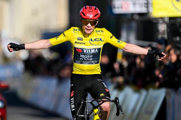 Paris Nice 2026 Stage 5 COLOMBIER-LE-VIEUX, FRANCE - MARCH 12 :Vingegaard Jonas (DEN) of Team Visma Lease a Bike celebrating his victory during stage 5 of the 84th edition of Paris - Nice an UCI World Tour 2.UWT cycling road race stage for Men Elite of 205.4 km with start in Cormoranche-sur-Saone and finish in Colombier-le-Vieux on March 12, 2026 in Colombier-le-Vieux, France, 12 03 2026 ( Motordriver Guy De Vuyst - Colombier-le-Vieux France  Copyright: xNicoxVereeckenx