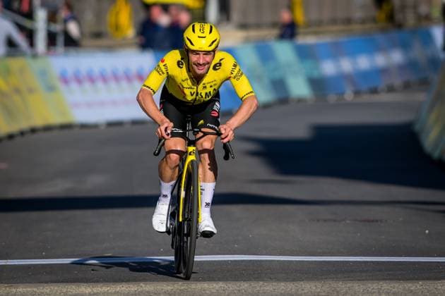 Belgian Victor Campenaerts of Team Visma-Lease a Bike crosses the finish line of the fifth stage of 84th edition of the Paris-Nice cycling race, a race from Cormoranche-sur-Saone to Colombier-le-Vieux (205,4km), on Thursday 12 March 2026. DAVIDxPINTENS  x167274867x