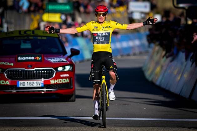Danish Jonas Vingegaard of Team Visma-Lease a Bike celebrates as he crosses the finish line at the fifth stage of 84th edition of the Paris-Nice cycling race, a race from Cormoranche-sur-Saone to Colombier-le-Vieux (205,4km), on Thursday 12 March 2026. DAVIDxPINTENS  x167275557x