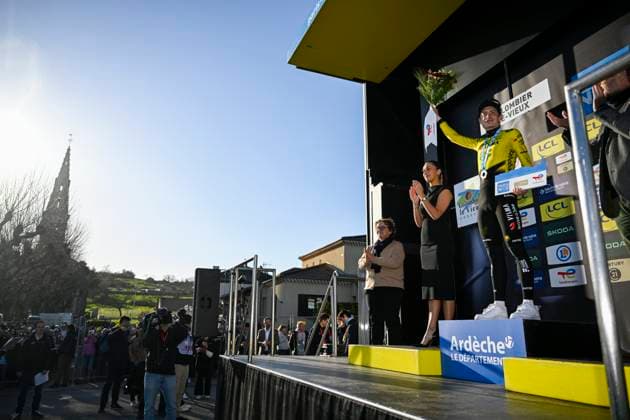 Paris Nice 2026 Stage 5 COLOMBIER-LE-VIEUX, FRANCE - MARCH 12 : Vingegaard Jonas (DEN) of Team Visma Lease a Bike on the podium during stage 5 of the 84th edition of Paris - Nice an UCI World Tour 2.UWT cycling road race stage for Men Elite of 205.4 km with start in Cormoranche-sur-Saone and finish in Colombier-le-Vieux on March 12, 2026 in Colombier-le-Vieux, France, 12 03 2026 ( Motordriver Guy De Vuyst - Colombier-le-Vieux France  Copyright: xNicoxVereeckenx