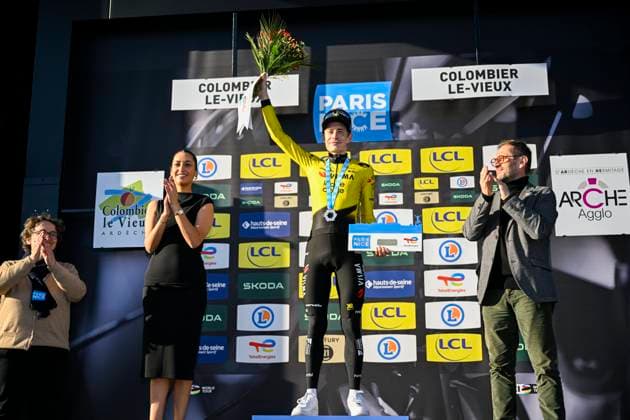 Paris Nice 2026 Stage 5 COLOMBIER-LE-VIEUX, FRANCE - MARCH 12 : Vingegaard Jonas (DEN) of Team Visma Lease a Bike on the podium during stage 5 of the 84th edition of Paris - Nice an UCI World Tour 2.UWT cycling road race stage for Men Elite of 205.4 km with start in Cormoranche-sur-Saone and finish in Colombier-le-Vieux on March 12, 2026 in Colombier-le-Vieux, France, 12 03 2026 ( Motordriver Guy De Vuyst - Colombier-le-Vieux France  Copyright: xNicoxVereeckenx