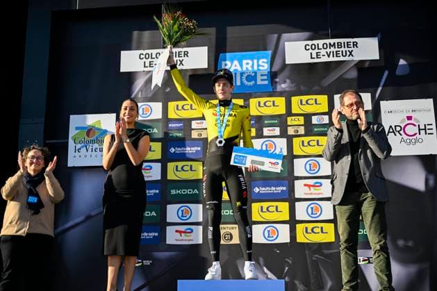 Paris Nice 2026 Stage 5 COLOMBIER-LE-VIEUX, FRANCE - MARCH 12 : Vingegaard Jonas (DEN) of Team Visma Lease a Bike on the podium during stage 5 of the 84th edition of Paris - Nice an UCI World Tour 2.UWT cycling road race stage for Men Elite of 205.4 km with start in Cormoranche-sur-Saone and finish in Colombier-le-Vieux on March 12, 2026 in Colombier-le-Vieux, France, 12 03 2026 ( Motordriver Guy De Vuyst - Colombier-le-Vieux France  Copyright: xNicoxVereeckenx