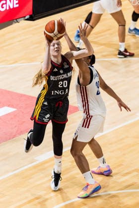 LYON-VILLEURBANNE, FRANCE - MARCH 12: Frieda Buehner (Bühner, Buhner Germany, 20) shoots the ball during the FIBA Women™s World Cup Qualifying Tournament match between Philippines (PHI) vs. Germany (GER) at Astroballe on matchday 2 of the FIBA Women™s World Cup Qualifying Tournament on March 12, 2026 in Lyon-Villeurbanne, France. France Copyright: xSteffiexWunderlx