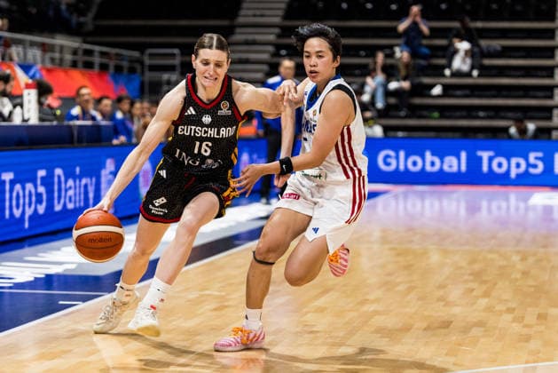 LYON-VILLEURBANNE, FRANCE - MARCH 12: Alina Hartmann (Germany, 16) controls the ball against Kent Jane Pastrana (Philippines, 5) during the FIBA Women™s World Cup Qualifying Tournament match between Philippines (PHI) vs. Germany (GER) at Astroballe on matchday 2 of the FIBA Women™s World Cup Qualifying Tournament on March 12, 2026 in Lyon-Villeurbanne, France. France Copyright: xSteffiexWunderlx