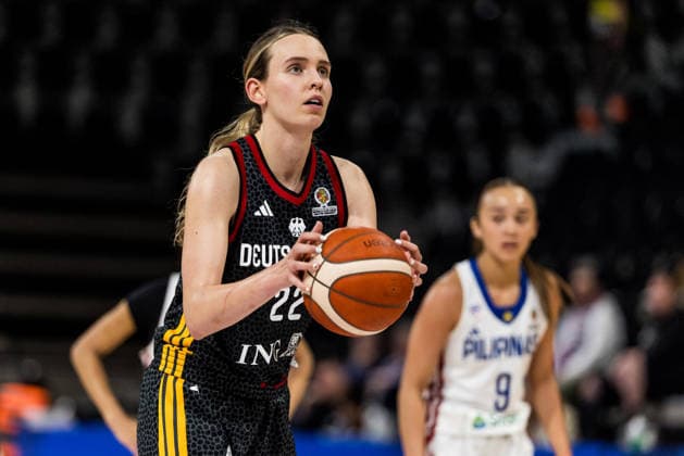 LYON-VILLEURBANNE, FRANCE - MARCH 12: Emily Bessoir (Germany, 22) shoots from the freethrow line during the FIBA Women™s World Cup Qualifying Tournament match between Philippines (PHI) vs. Germany (GER) at Astroballe on matchday 2 of the FIBA Women™s World Cup Qualifying Tournament on March 12, 2026 in Lyon-Villeurbanne, France. France Copyright: xSteffiexWunderlx