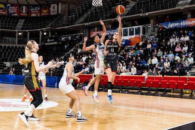 LYON-VILLEURBANNE, FRANCE - MARCH 12: Leonie Fiebich (Germany, 13) shoots the ball during the FIBA Women™s World Cup Qualifying Tournament match between Philippines (PHI) vs. Germany (GER) at Astroballe on matchday 2 of the FIBA Women™s World Cup Qualifying Tournament on March 12, 2026 in Lyon-Villeurbanne, France. France Copyright: xSteffiexWunderlx