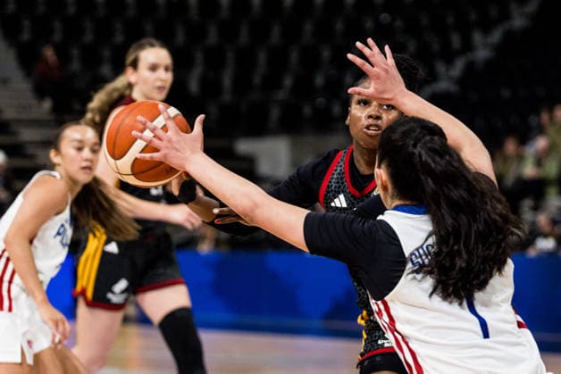 LYON-VILLEURBANNE, FRANCE - MARCH 12: Alexis Peterson (Germany, 1) controls the ball against Sumayah Sugapong (Philippines, 1) during the FIBA Women™s World Cup Qualifying Tournament match between Philippines (PHI) vs. Germany (GER) at Astroballe on matchday 2 of the FIBA Women™s World Cup Qualifying Tournament on March 12, 2026 in Lyon-Villeurbanne, France. France Copyright: xSteffiexWunderlx