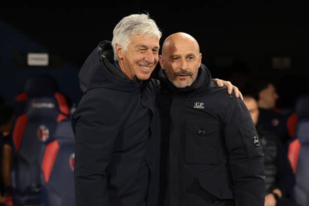 Bologna, Italy, 12th March 2026. Gian Piero Gasperini Head Coach of AS Roma and Vincenzo Italiano Head coach of Bologna FC prior to the Bologna vs AS Roma UEFA Europa League Round of sixteen 1st Leg match at Stadio Renato Dall Ara, Bologna. Picture credit should read: Jonathan Moscrop Sportimage EDITORIAL USE ONLY. No use with unauthorised audio, video, data, fixture lists, club league logos or live services. Online in-match use limited to 120 images, no video emulation. No use in betting, games or single club league player publications. SPI_002_BOLOGNA_ROMA_UEL SPI-4584-0002