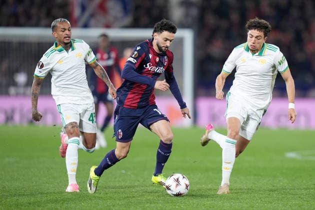 Bologna s Joao Mario fights for the ball with Roma™s Wesley during the Uefa Europa League soccer match between Bologna and Roma at the Dall™Ara Stadium in Bologna , north Italy - Thursday , March 12 , 2026. - Soccer .  Copyright: xSpada LaPressex