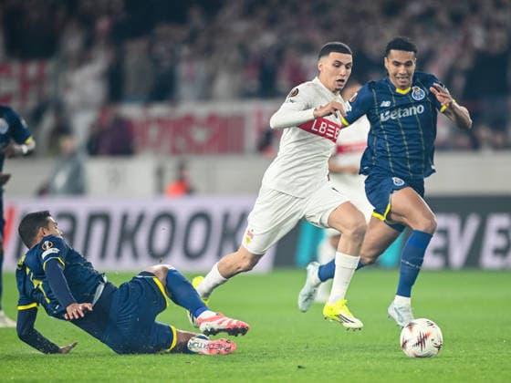 Jan Bednarek FC Porto , Bilal El Khannouss VfB Stuttgart and Alberto Costa FC Porto battle for the ball during the UEFA Europa League 2025 26 Round of 16 First Leg match between VfB Stuttgart and FC Porto at Stuttgart Arena on March 12, 2026 in Stuttgart, Germany Photo by Harry Langer DeFodi Images