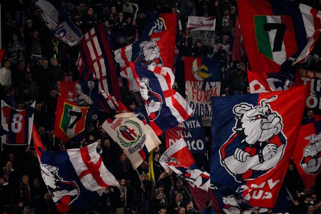 Bolgona fans cheer on during the UEFA Europa League 2025 2026 football match between Bologna FC 1909 and AS Roma at Renato Dall Ara Stadium in Bologna (Italy), March 12, 2026. andreaxstaccioli