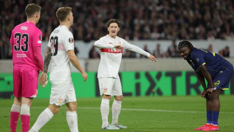12 03 2026, Stuttgart, Football UEFA Europa League, Season 2025 2026, VfB Stuttgart vs FC Porto, Alexander Nübel VfB Finn Jeltsch VfB Angelo Stiller VfB Terem Moffi Porto