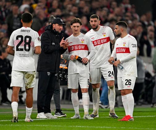 12 03 2026, Football UEFA Europa League 2025 2026 Round of 16, VfB Stuttgart FC Porto, in the MHP Arena Stuttgart, f l Nikolas Nartey Stuttgart , Coach Sebastian Hoeneß Stuttgart , Angelo Stiller Stuttgart , Jeff Chabot Stuttgart and Deniz Undav Stuttgart DFL and DFB regulations prohibit any use of photographs as image sequences and or quasi video