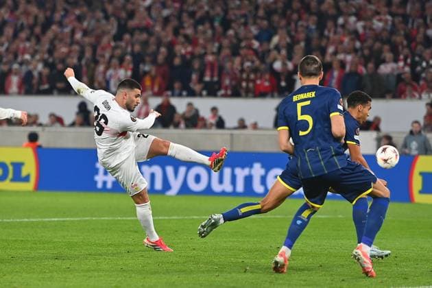 Goal Deniz UNDAV VFB Stuttgart to 1 2,Action,Goal kick Soccer UEFA Europa League Round of 16 VfB Stuttgart FC Porto on 12 03 2026 MHP ARENA