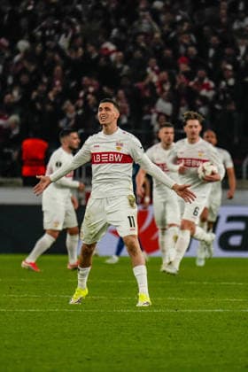 12 03 2026, xdaymx, Football UEFA Europa League, VfB Stuttgart FC Porto goal celebration to 1 2 by El Khannouss Bilal Stuttgart DFL DFB REGULATIONS PROHIBIT ANY USE OF PHOTOGRAPHS as IMAGE SEQUENCES and or QUASI VIDEO Stuttgart