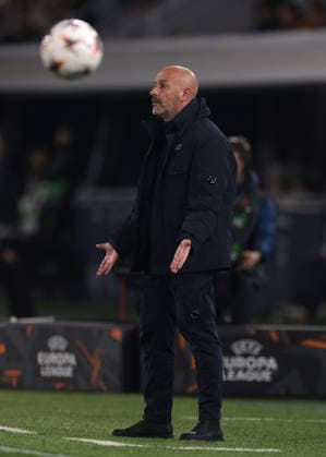 Bologna, Italy, 12th March 2026. Vincenzo Italiano Head coach of Bologna FC reacts during the Bologna vs AS Roma UEFA Europa League Round of sixteen 1st Leg match at Stadio Renato Dall Ara, Bologna. Picture credit should read: Jonathan Moscrop Sportimage EDITORIAL USE ONLY. No use with unauthorised audio, video, data, fixture lists, club league logos or live services. Online in-match use limited to 120 images, no video emulation. No use in betting, games or single club league player publications. SPI_018_BOLOGNA_ROMA_UEL SPI-4584-0018