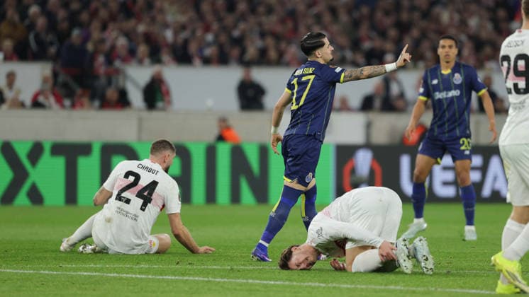 12 03 2026, Stuttgart, Football UEFA Europa League, Season 2025 2026, VfB Stuttgart vs FC Porto, Jeff Chabot VfB Borja Sainz Porto Angelo Stiller VfB