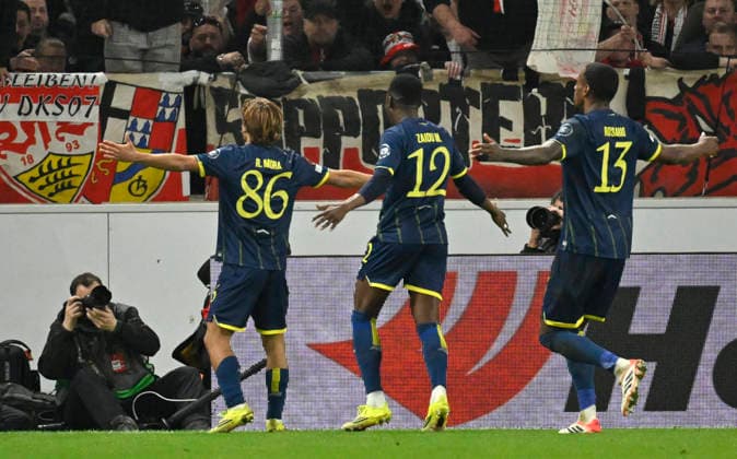 GOAL to 0 2 Rodrigo Mora FC Porto 86 Goal celebration Zaidu FC Porto 12 Pablo Rosario FC Porto 13 VfB Stuttgart vs FC Porto EUROPA LEAGUE EL 12 03 2026 DFL REGULATIONS PROHIBIT ANY USE OF PHOTOGRAPHS AS IMAGE SEQUENCES AND OR QUASI VIDEO VfB Stuttgart vs FC Porto