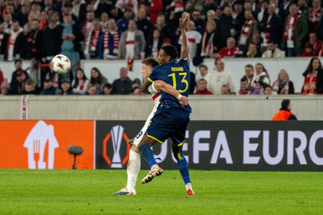 Ermedin Demirovic VfB Stuttgart in duel with Pablo Rosario FC Porto xettx, Germany, Stuttgart, 12 03 2026, Soccer, UEFA Europa League VfB Stuttgart vs FC Porto, Season 2025 2026, Round of 16, MHP Arena