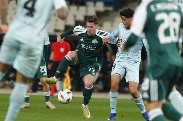 UEFA Europa League, Panathinaikos FC vs Real Betis - Giorgos Kiriakopoulos of Panathinaikos in action against Pablo Fornals of Real Betis during the UEFA Europa League round of 16 1st leg soccer match between Panathinaikos FC and Real Betis held at Olympic Athletic Center of Athens in Athens, Greece, 12 March 2026. IMAGO ONE INCH PRODUCTIONS ATHENS Greece Copyright: xOnexInchxProductionsx 6889904