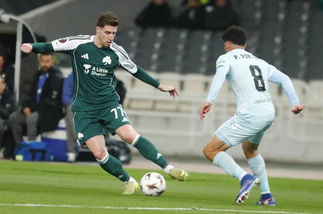 UEFA Europa League, Panathinaikos FC vs Real Betis - Giorgos Kiriakopoulos of Panathinaikos in action against Pablo Fornals of Real Betis during the UEFA Europa League round of 16 1st leg soccer match between Panathinaikos FC and Real Betis held at Olympic Athletic Center of Athens in Athens, Greece, 12 March 2026. IMAGO ONE INCH PRODUCTIONS ATHENS Greece Copyright: xOnexInchxProductionsx 6889905