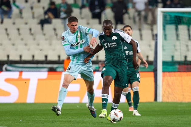 Panathinaikos F.C. v Real Betis UEFA Europa League Andreas Tetteh of Panathinaikos F.C. and Sergi Altimira of Real Betis during the UEFA Europa League Round of 16 First Leg match at the Olympic Stadium (Greece), Marousi 12 03 2026 UK Newspapers OUT Copyright: xYannisxHalasx FIL-23117-0044