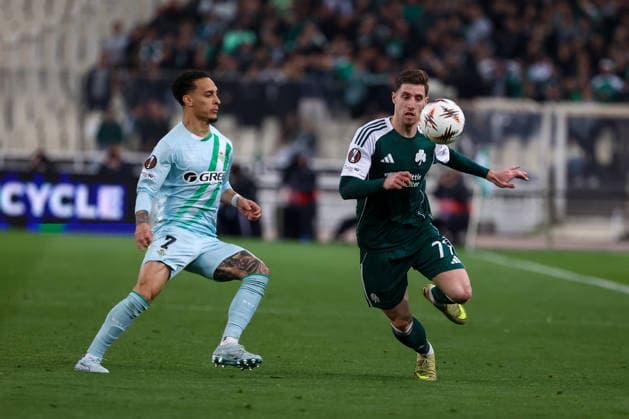 Panathinaikos F.C. v Real Betis UEFA Europa League Georgios Kyriakopoulos of Panathinaikos F.C. and Antony of Real Betis during the UEFA Europa League Round of 16 First Leg match at the Olympic Stadium (Greece), Marousi 12 03 2026 UK Newspapers OUT Copyright: xYannisxHalasx FIL-23117-0038