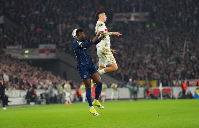 Zaidu Sanusi FC Porto and Bilal El Khannouss VfB Stuttgart battle for the ball during Stuttgart and Porto at MHPArena, Stuttgart, Germany on March 12, 2026 Thor Wegner DeFodi Images Photo by DeFodi Images