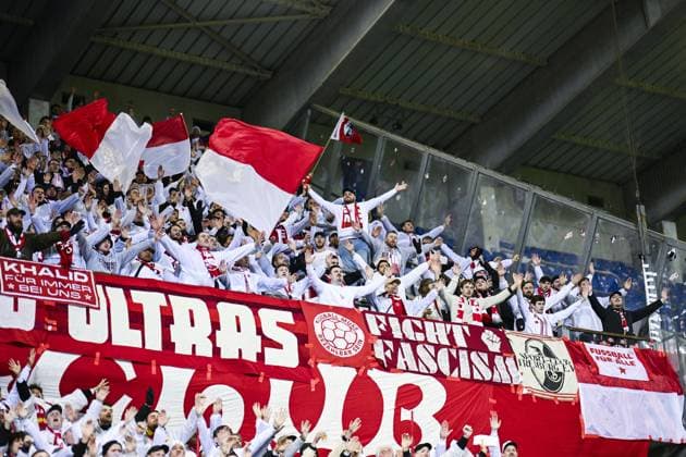 Freiburg supporters pictured before a game between Belgian soccer team KRC Genk and German Freiburg, Thursday 12 March 2026 in Genk, the first leg of the 1 16 Finals of the UEFA Europa League tournament. TOM GOYVAERTS TomxGoyvaerts  x167291906x