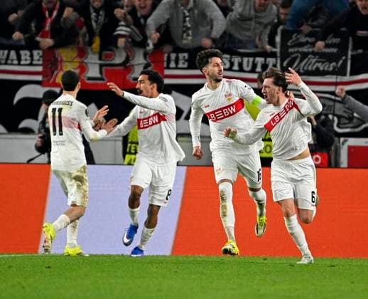 12 03 2026, Football UEFA Europa League 2025 2026 Round of 16, VfB Stuttgart FC Porto, in the MHP Arena Stuttgart, f l Nick Woltemade Stuttgart , Tiago Tomas Stuttgart , Atakan Karazor Stuttgart and Angelo Stiller Stuttgart DFL and DFB regulations prohibit any use of photographs as image sequences and or quasi video