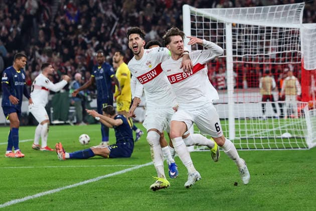 Goal celebration for Angelo Stillers disallowed goal VfB Stuttgart, 06 , Germany, Football, UEFA Europa League, Round of 16, 2025 2026, VfB Stuttgart vs FC Porto, 12 03 2026, Stuttgart Arena Stuttgart Germany Copyright: xGrantxHubbsx