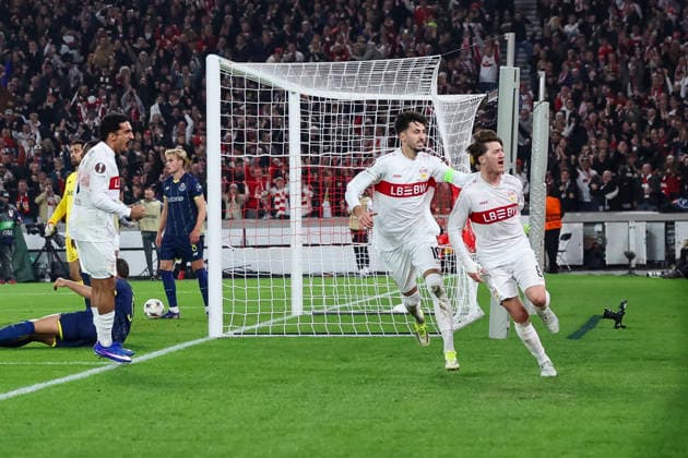 Goal celebration for Angelo Stillers disallowed goal VfB Stuttgart, 06 , Germany, Football, UEFA Europa League, Round of 16, 2025 2026, VfB Stuttgart vs FC Porto, 12 03 2026, Stuttgart Arena Stuttgart Germany Copyright: xGrantxHubbsx