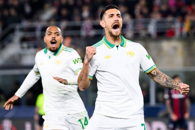Lorenzo Pellegrini of AS Roma celebrates after scoring the goal of 1-1 during the UEFA Europa League 2025 2026 football match between Bologna FC 1909 and AS Roma at Renato Dall Ara Stadium in Bologna (Italy), March 12, 2026. andreaxstaccioli