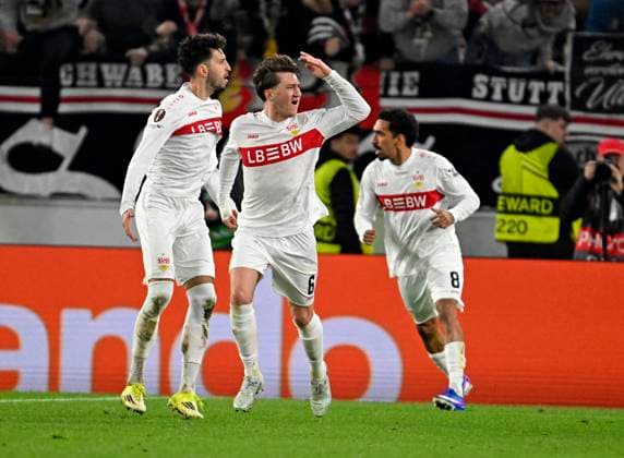 12 03 2026, Football UEFA Europa League 2025 2026 Round of 16, VfB Stuttgart FC Porto, in the MHP Arena Stuttgart, f l Atakan Karazor Stuttgart , Angelo Stiller Stuttgart and Tiago Tomas Stuttgart DFL and DFB regulations prohibit any use of photographs as image sequences and or quasi video