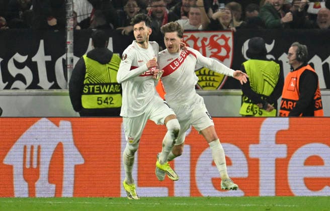 Supposed GOAL for 2 2 Angelo Stiller VfB Stuttgart 06 Goal celebration with Atakan Karazor VfB Stuttgart 16 will be after VAR, video assistant, video evidence, Video assistant referee Video assistant referee not conceded for passive offside by Tiago Tomas VfB Stuttgart 08 VfB Stuttgart vs FC Porto EUROPA LEAGUE EL 12 03 2026 DFL REGULATIONS PROHIBIT ANY USE OF PHOTOGRAPHS AS IMAGE SEQUENCES AND OR QUASI VIDEO VfB Stuttgart vs FC Porto