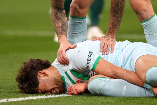 Panathinaikos F.C. v Real Betis UEFA Europa League Abde Ezzalzouli of Real Betis receives treatment during the UEFA Europa League Round of 16 First Leg match at the Olympic Stadium (Greece), Marousi 12 03 2026 UK Newspapers OUT Copyright: xYannisxHalasx FIL-23117-0055